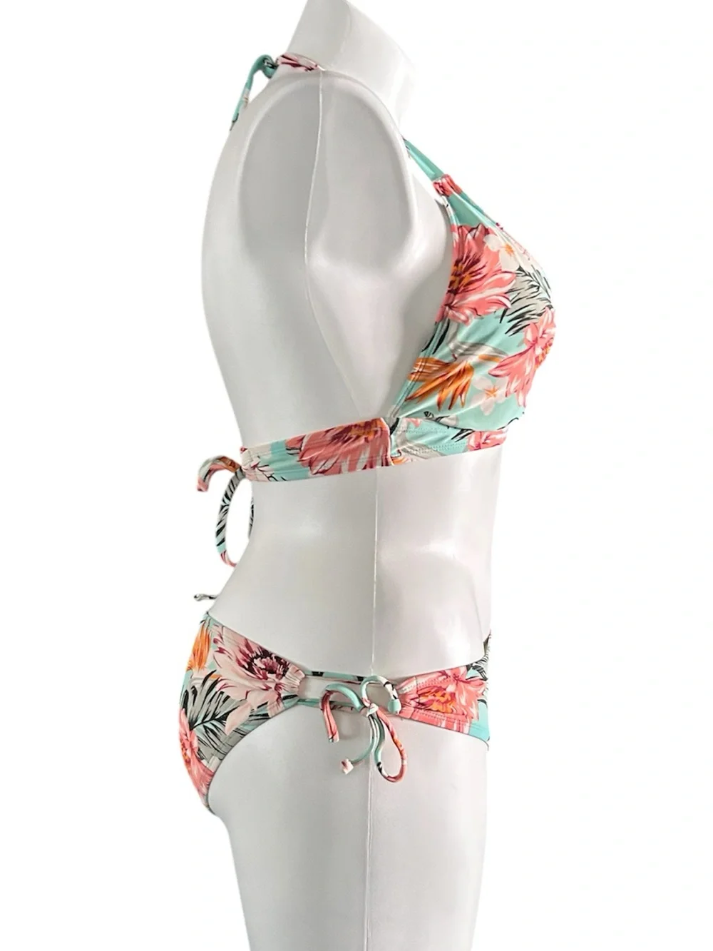 Kona Sol Bikini Floral Print Aqua Pink White Low Rise Bottoms EUC Sz L